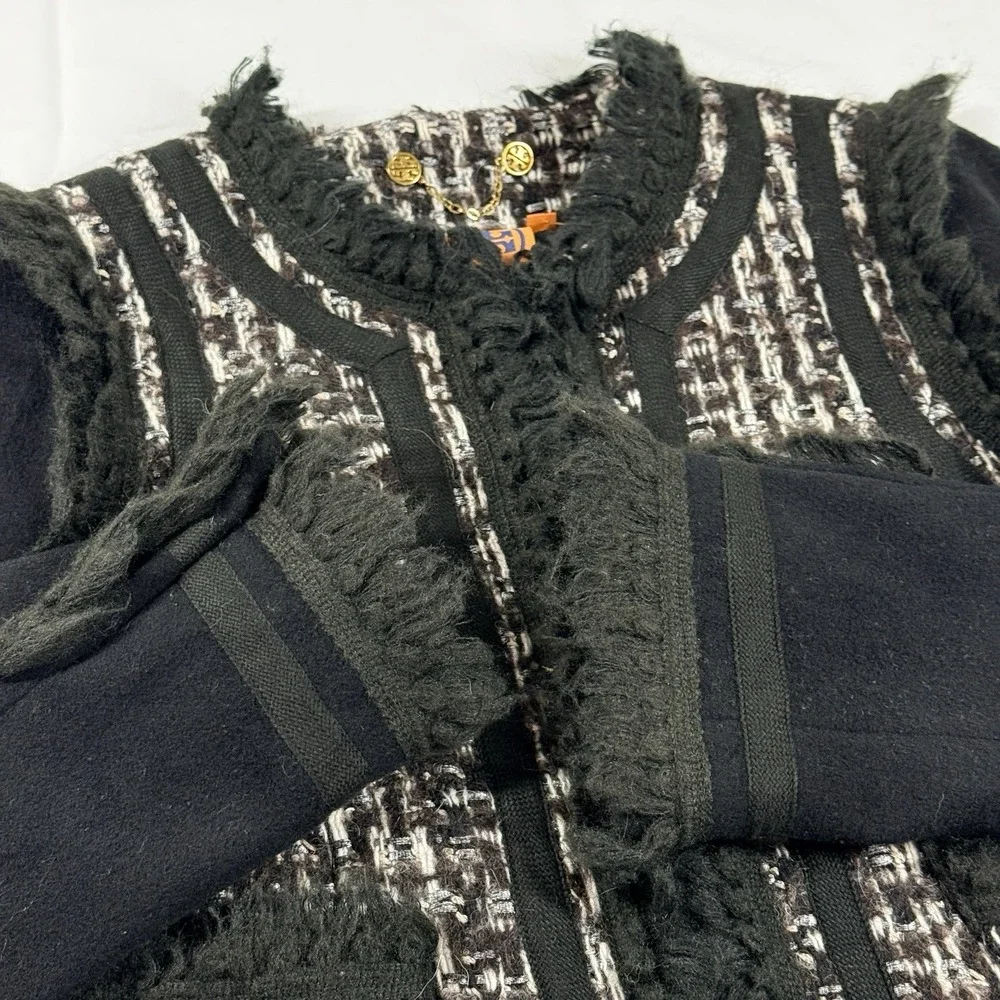 Tory Burch Tweed Fringe Jacket Size 8 Cropped Black Lined Boucle Wool‎ Blend